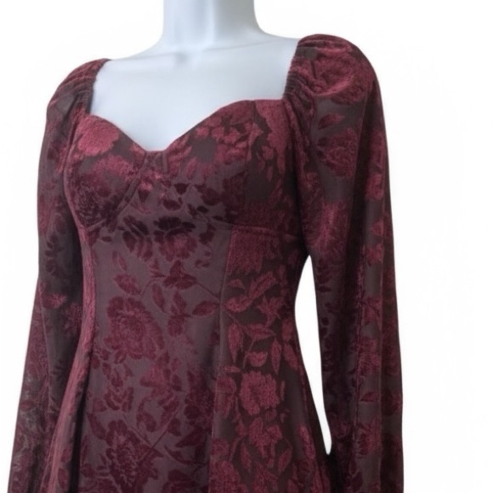 90s Burnout Velvet Corset Dress S Burgundy Lace-Up Y2K Whimsigoth Fairygrunge - Picture 6 of 13